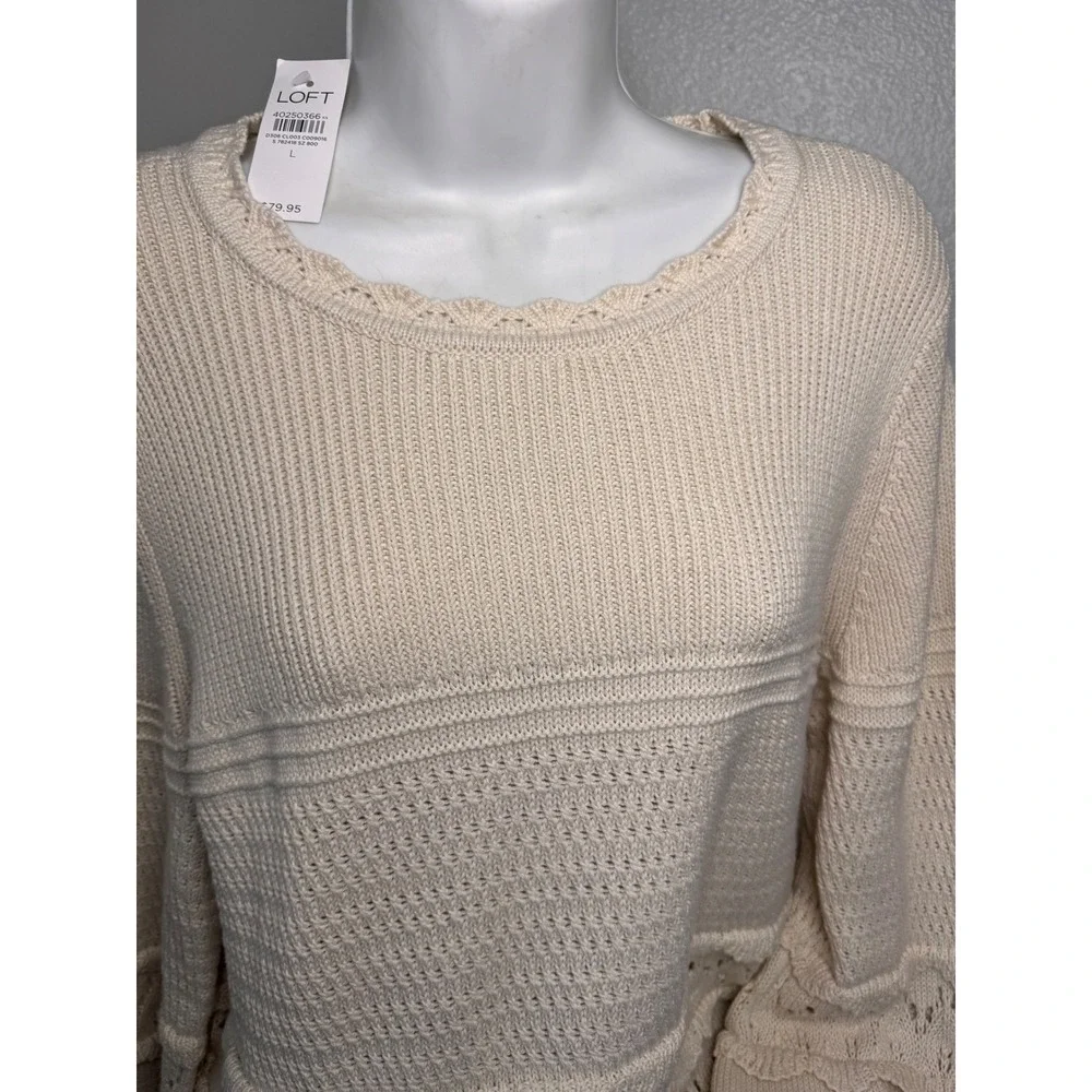 LOFT Cream Cotton Tiered Ruffle Pointelle Sweater Lace Boho L Cottagecore Earthy